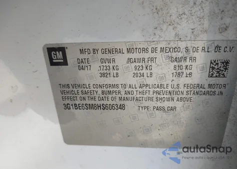 2017 Chevrolet Cruze Lt Auto z USA, uszkodzony, nr VIN 3G1BE6SM8HS606348